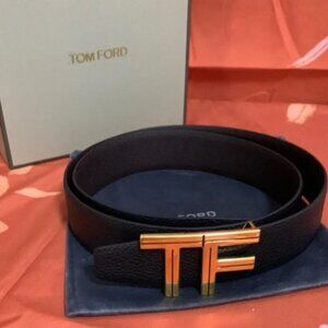 Tom Ford Black Leather Belt with Gold Buckle
